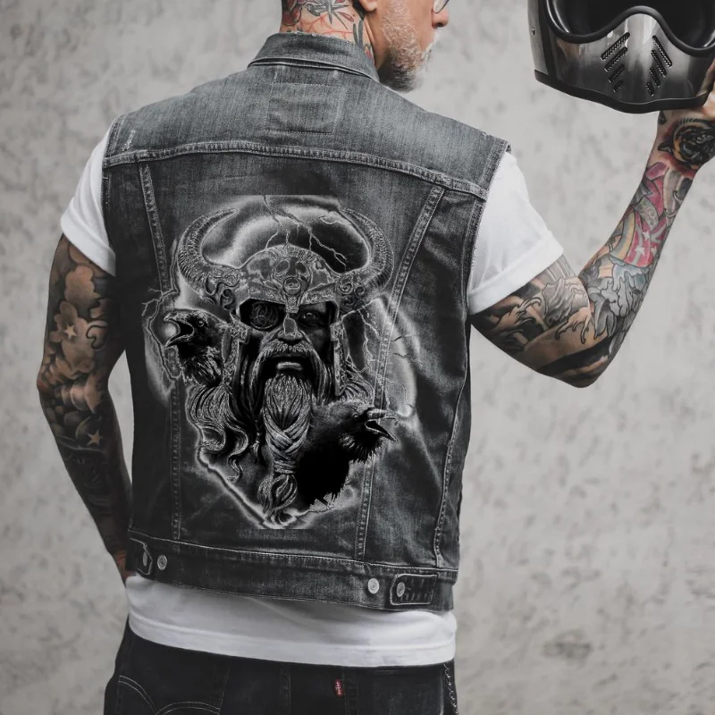 

Mens Motorcycle Biker Denim Vests Horn Devil Print Waistcoat Slim Fit Ripped Hole Fashion Punk Rock Sleeveless Jacket