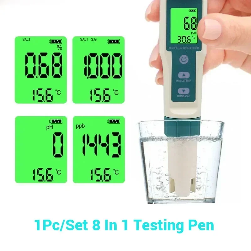

8 In 1 Digital Water Quality Testing Pen TDS/EC/PH/ORP Meter Analysis Instruments Hydrogen-rich Aquarium Drinking Water Tester