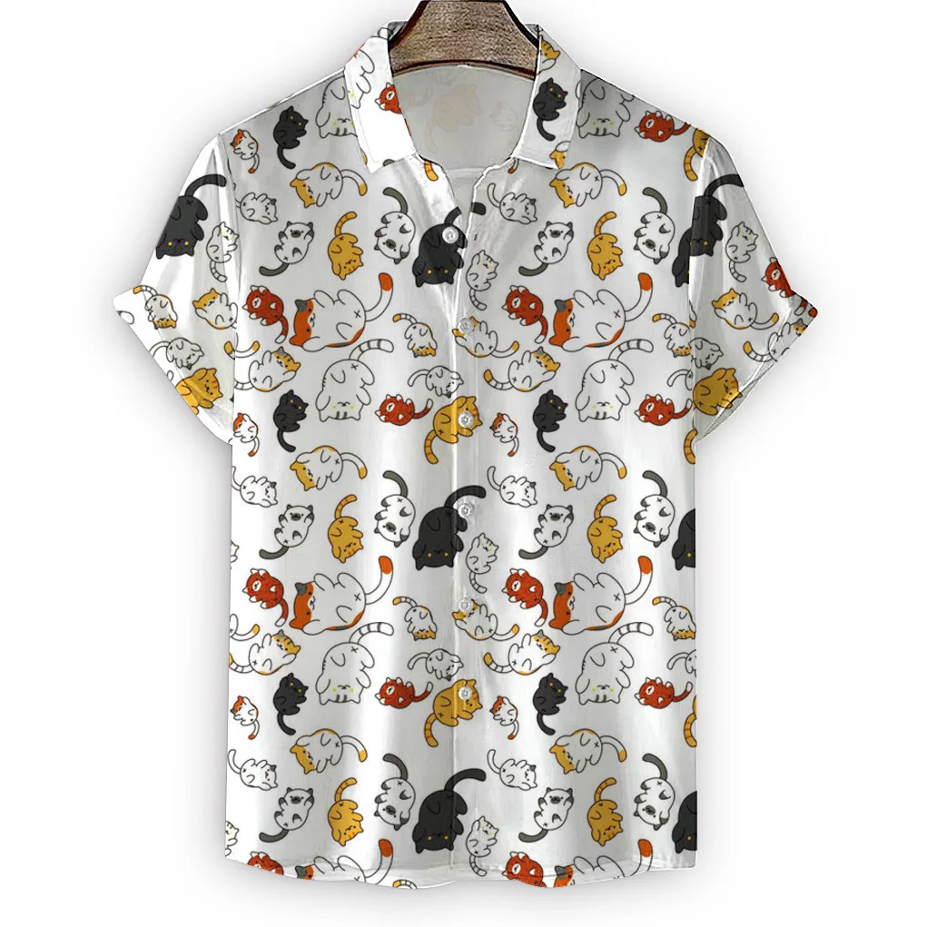 Summer high quality Mens Hawaiian Shirt 3D animal black cat Printed Short lapel Sleeve Big Size Hawaii Men Beach  Floral  Shirts