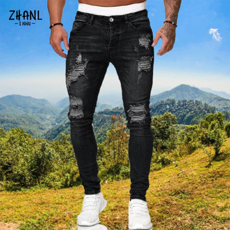 Men's Fashion Ripped Jeans Streetwear Mens Black Jeans Slim Fit Hip Hop Skinny Pants High Quality Denim Clothing Casual Trousers 4