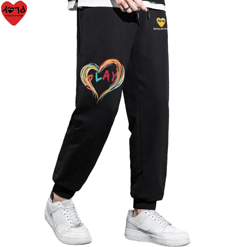 Men Women Spring Autumn Pants Heart Embroidery Color Stripes Heart Letter Print Cotton Feet Elastic Bind Drawstring Pocket Pants