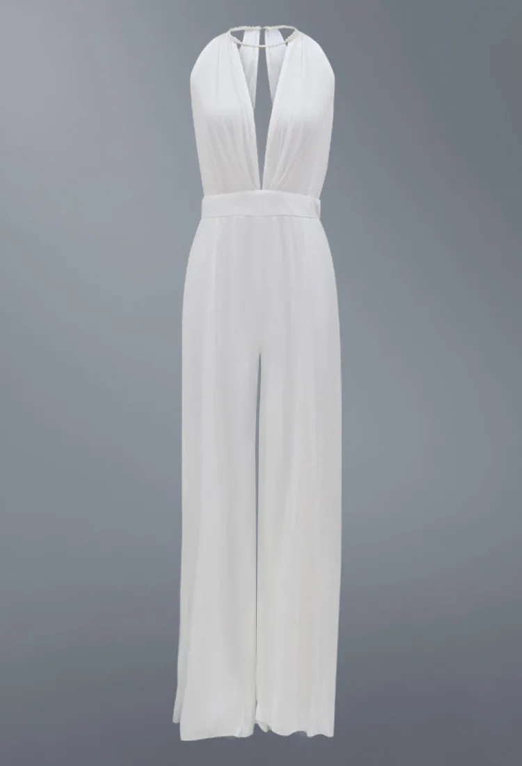 SKMY 2023 European and American Fashion Women's Sexy Hanging Neck White jumpsuit Casual Pants Party Nightclub Dress Fashion Show