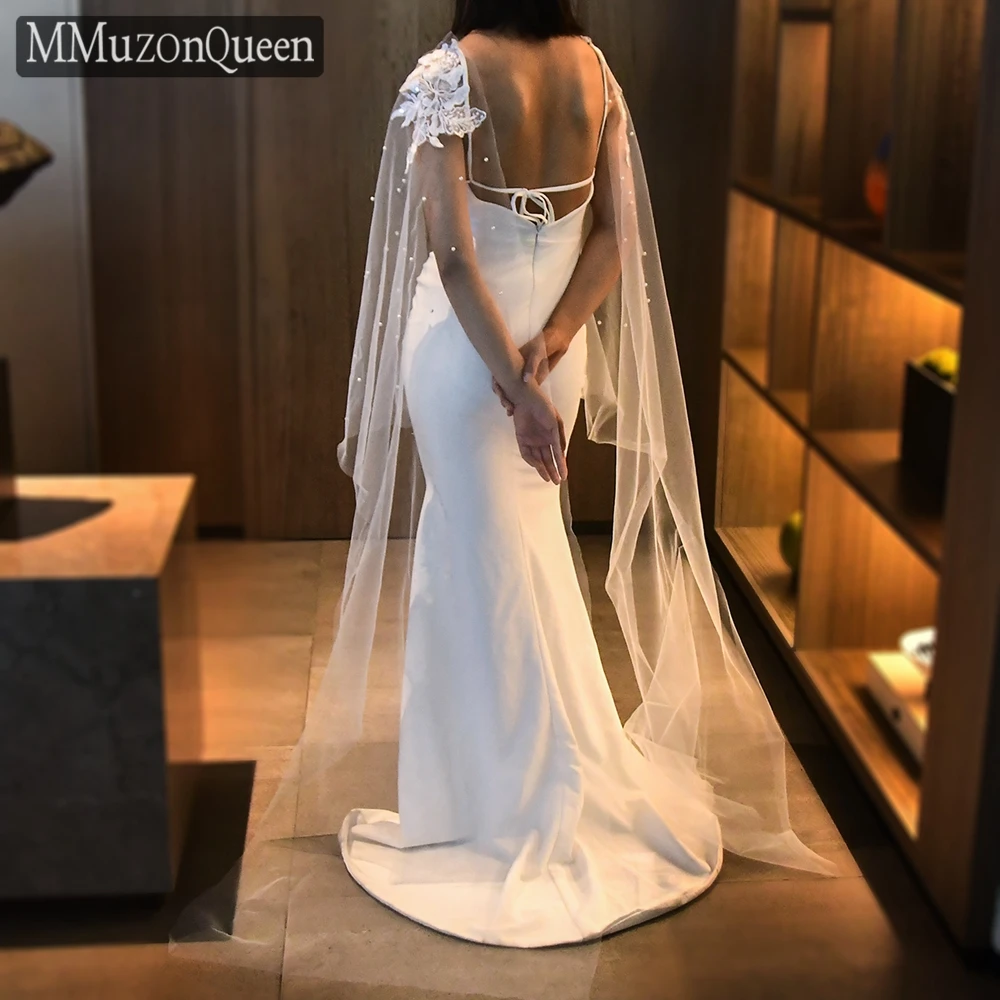 MG01 Lace Beaded Long Cape Shawl Women'S Long Sleeve Top Beading Cape Women Detachable Sleeves Bride Floor Length Pearl Robe