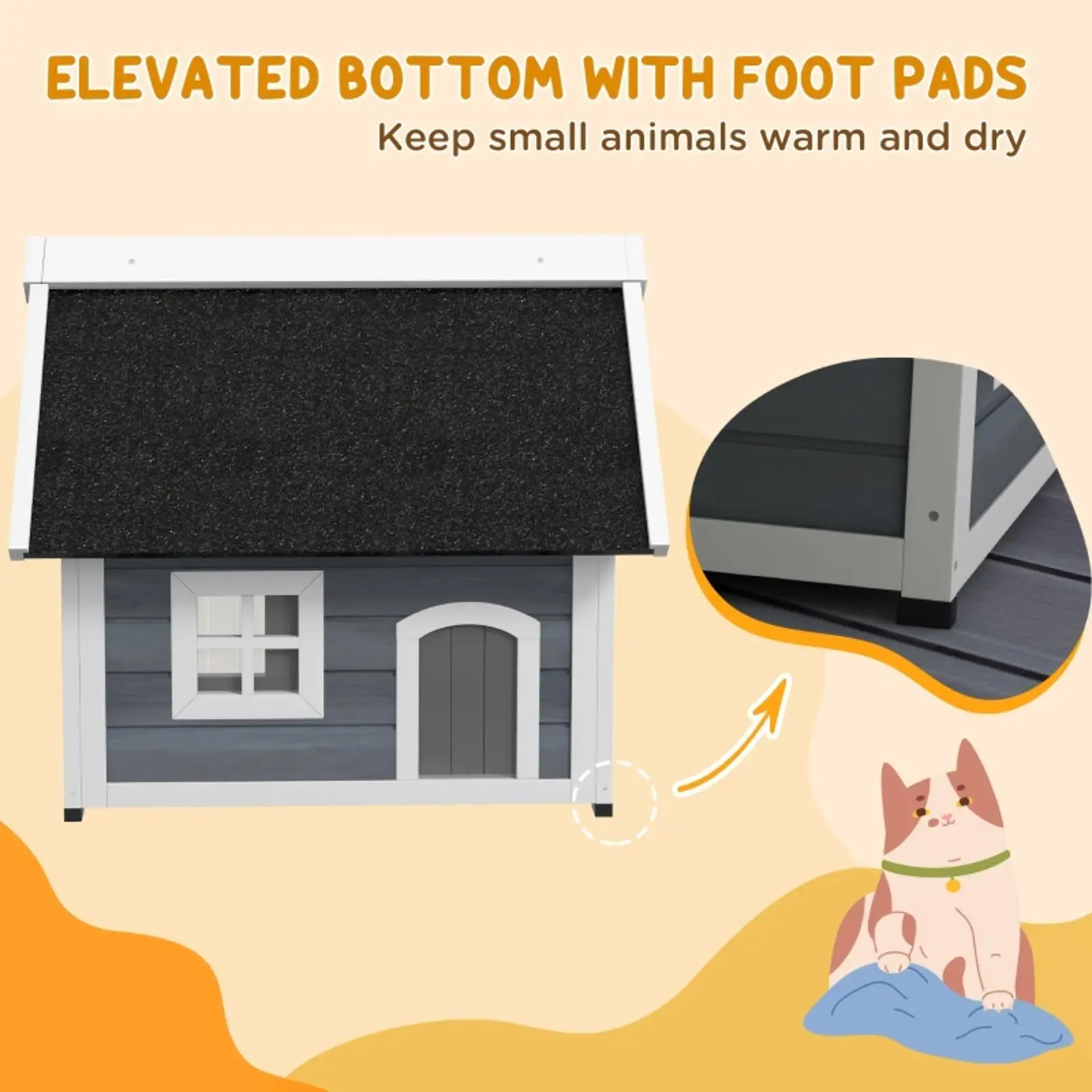 Grey Pet Beds Furniture Outdoor Wooden Cat House with Elevated Feet Openable Roof and Three Doors for Outside Cat Shelter