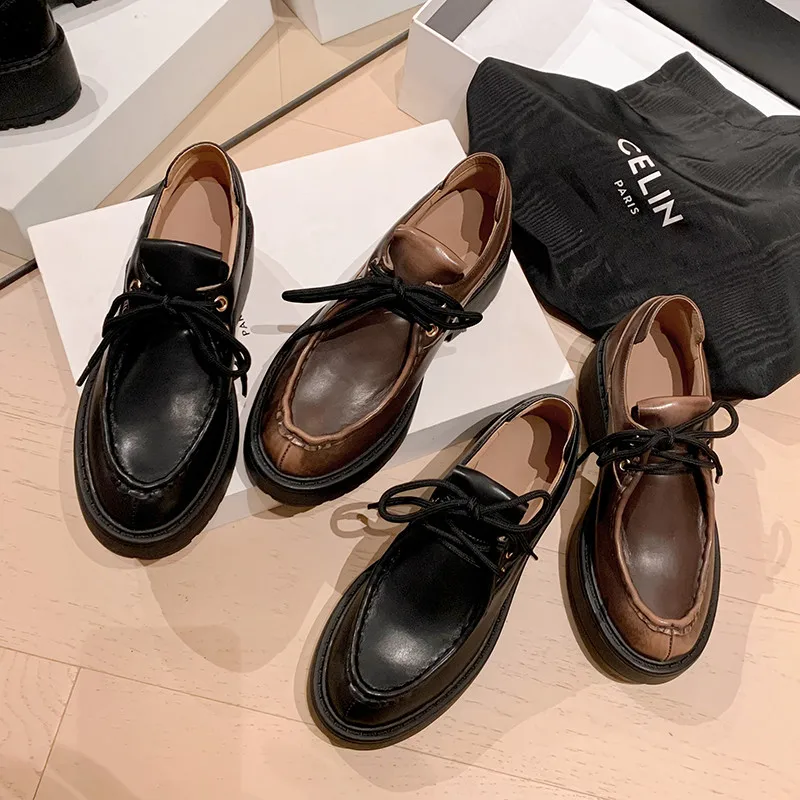 

MKKHOU Fashion Women's Shoes New High Quality True Leather Round Head Lace up Thick Sole Leather Shoes Modern Casual Shoes