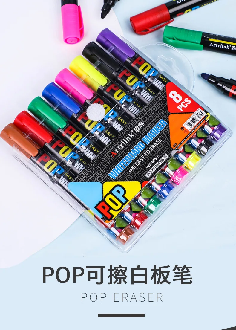 8/12-Farben-POP-Whiteboard-Marker-Set, löschbar, nachfüllbar, sicher, ungiftig, hohe Kapazität, Büro, Konferenzen, Lernartikel – Detail 1