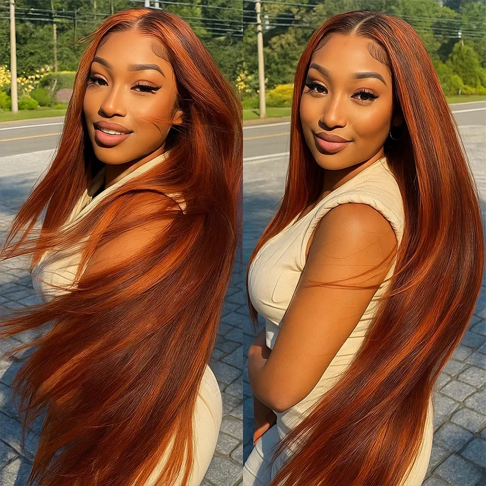 Parrucche Frontali in Pizzo 13x6 e 13x4 con Capelli Umani al 100%, Liscio Naturale, Colore Ombre 4/350 con Riflessi Arancioni e Marroni, Colore Zenzero - immagine 6