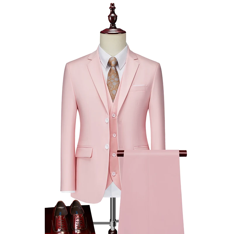 Mens Pink Three-piece Business Casual Wedding Suit High-Quality European And American Style Suit Vest Trousers