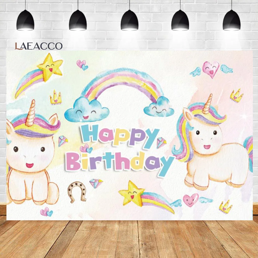 Laeacco Unicorn Birthday Party Backdrops Rainbow Clouds Stars Flowers Light Bokeh Newborn Baby Shower Photography Backgrounds for photo backdrop