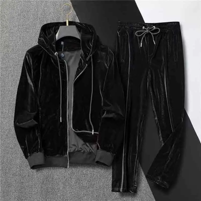 

2024 New European and American Men's High-end Solid Gold Velvet Long Sleeve Autumn and Winter Leisure Sports Zipper Set