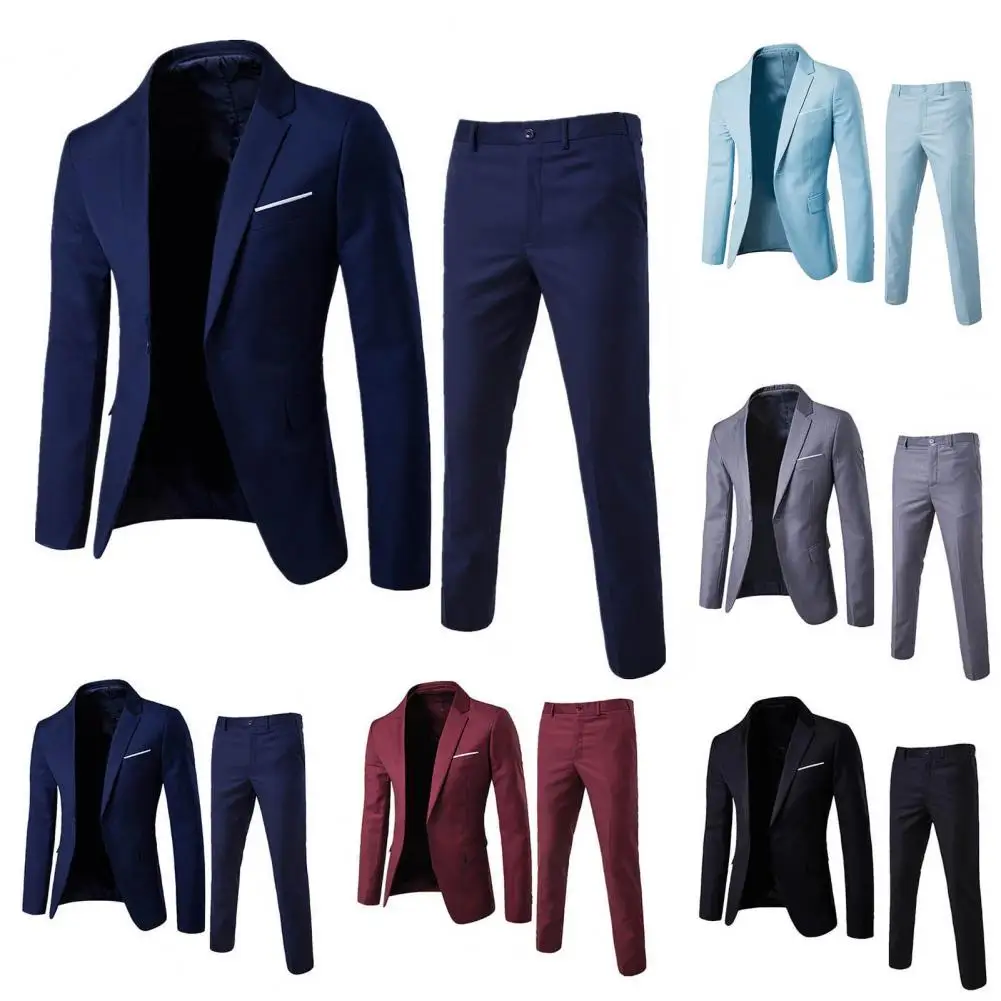 Mens Suit 1 Set Men Blazer Pants Solid Color Long Sleeve Slim Fit Turndown Collar Temperament One Button Pockets Suit Set Men Clothes
