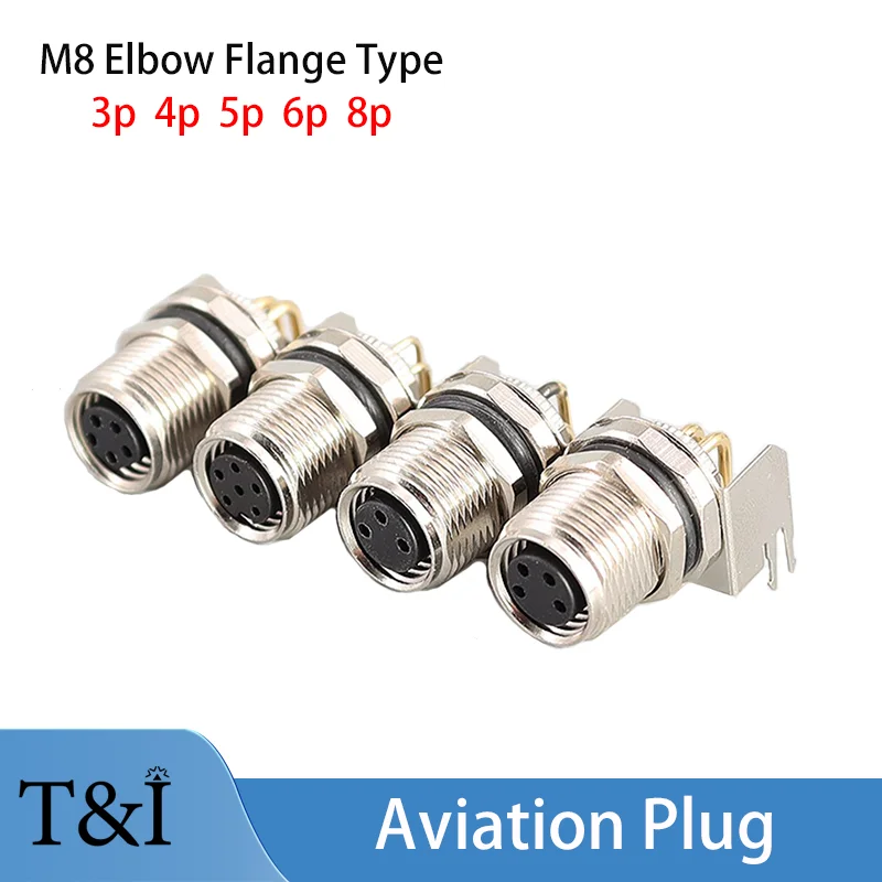 

5/10 Pcs M8-PCB Socket Curved/Straight Needle Pin Type Plug 3/4/5/6/8P 8MM Waterproof Welding Plate Male Female Bent Connector