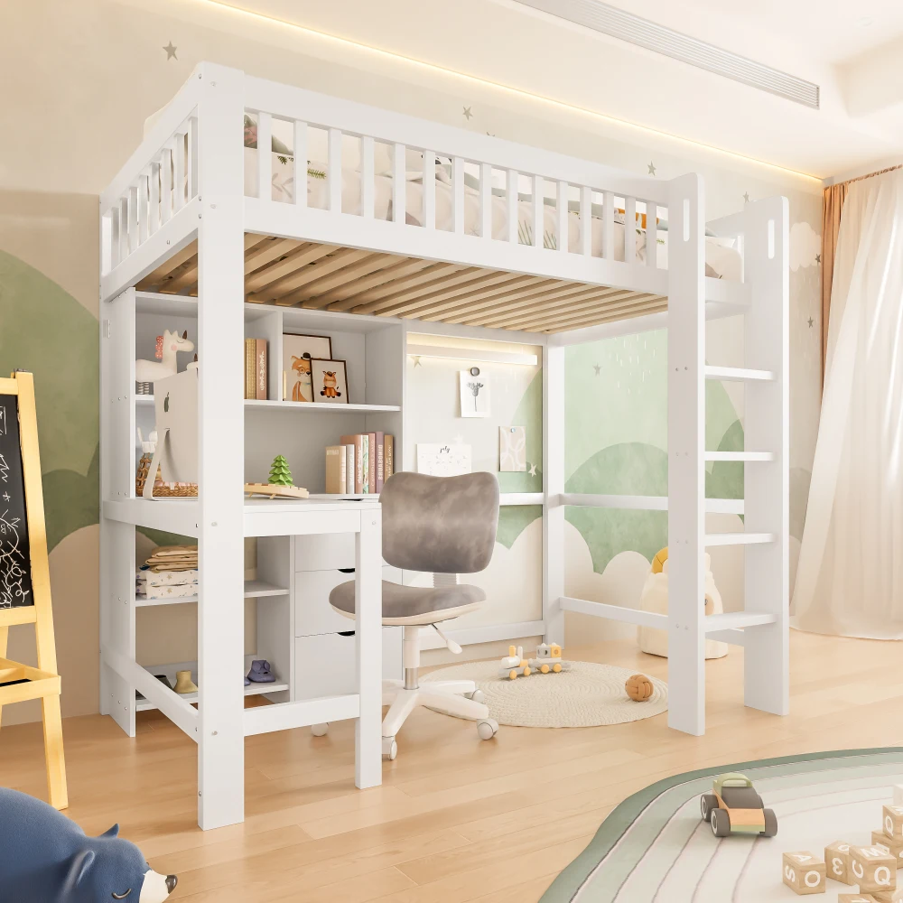 Modernes Hochbett, 90 x 200 cm, Kinderzimmerbett, mehrere Stauraumfächer, Leiter, Schreibtisch, 3 Schubladen, ohne Matratze, weiß – Detail 3