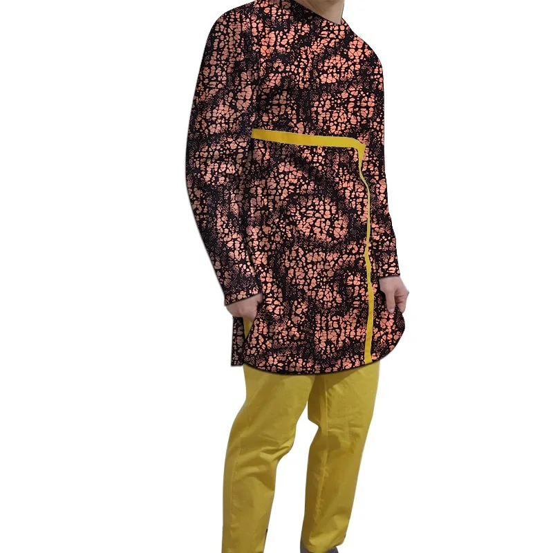 African Wax Patchwork Shirts With Solid Yellow Trousers Long Sleeves Men's Sets Tailored Nigerian Fashion Groom Suit