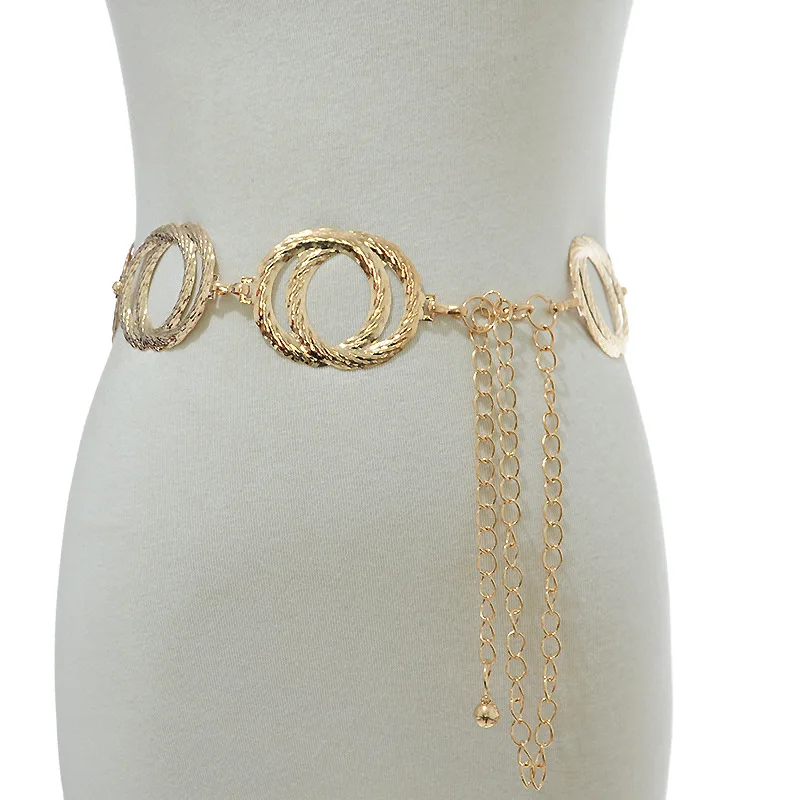

New Unique Double Ring Gold Chain Belt Women Fashion Round Metal Silver Belts Female Jeans Dress Waistband 2022