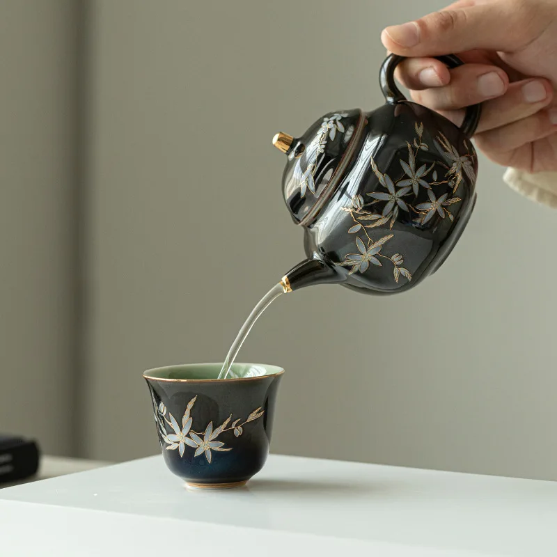 Chinese Retro Tea Pot with Black Gold Glaze Apricot Blossom with Filter Octagonal Tea Set Ceramic Maker