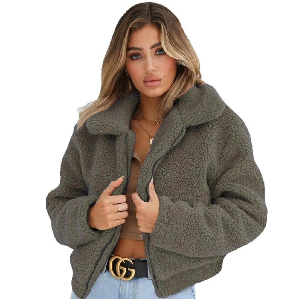 

Solid Imitation Lamb Women Short Coat Autumn Winter Warm Flipping Hair Collar Hair Soft Plush Fashion Female Jacket