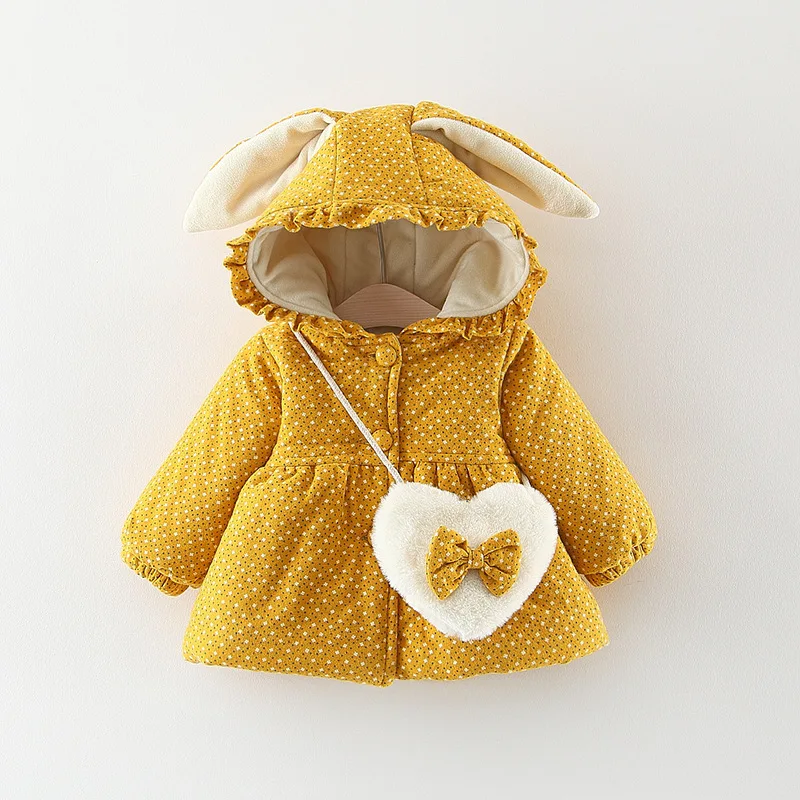 Girl's New Winter Thickened Cotton Coat Hooded Long Ears Warm Windproof Cotton Coat Jacket 9 Months-3 Year Old Cartoon Clothing