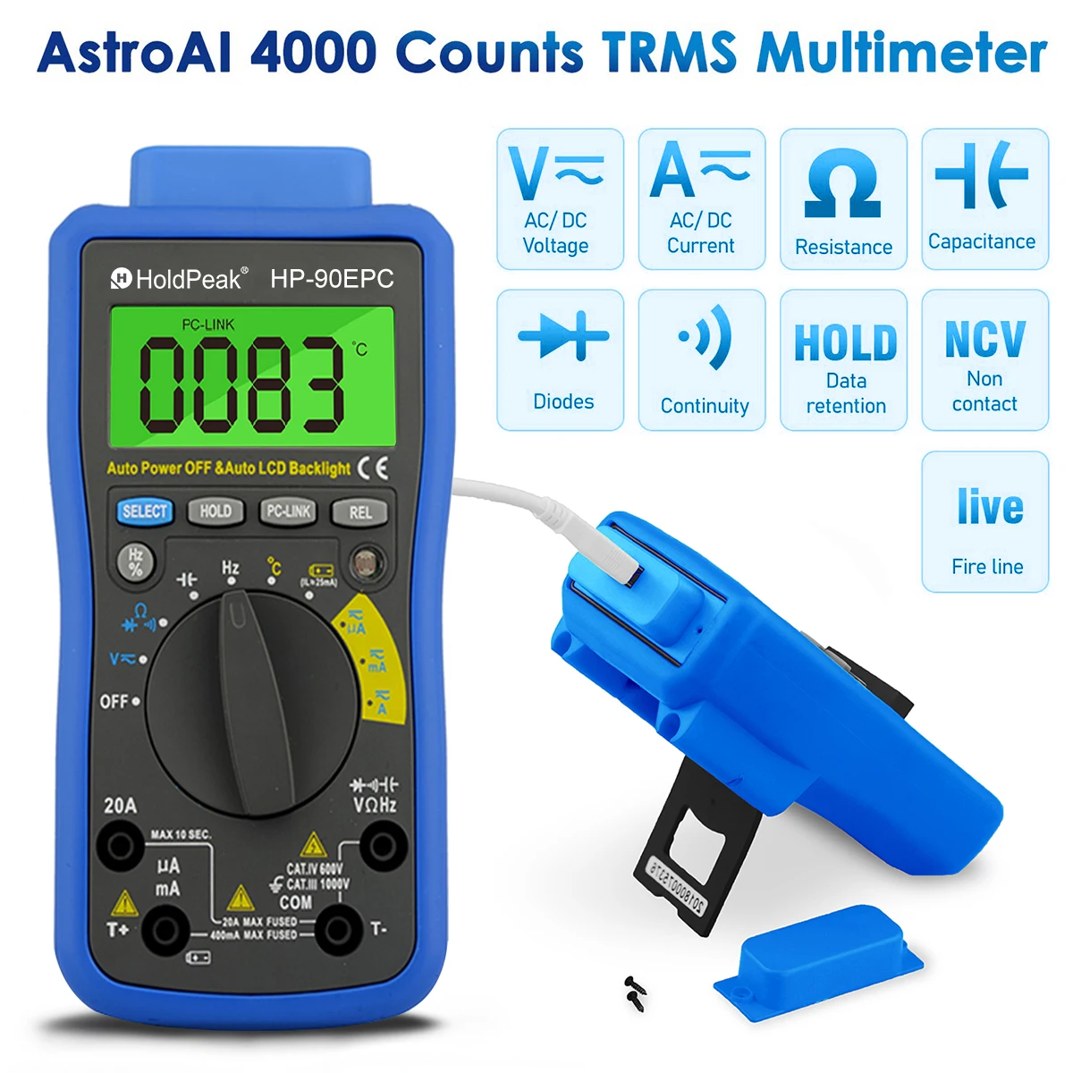 HoldPeak HP-90EPC Multimetro Digital USB Multimeter AC/DC Voltage Current C/F Temperature Tester DMM USB Interface Support PC