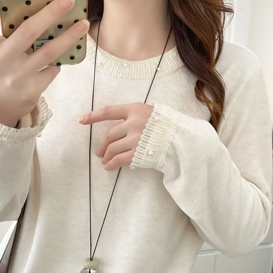 XXXXL Fashion Plus Size Women's T-Shirt 2025 autumn/winter Stylish Beaded Collar Fleece Long Sleeved Base Top 2581