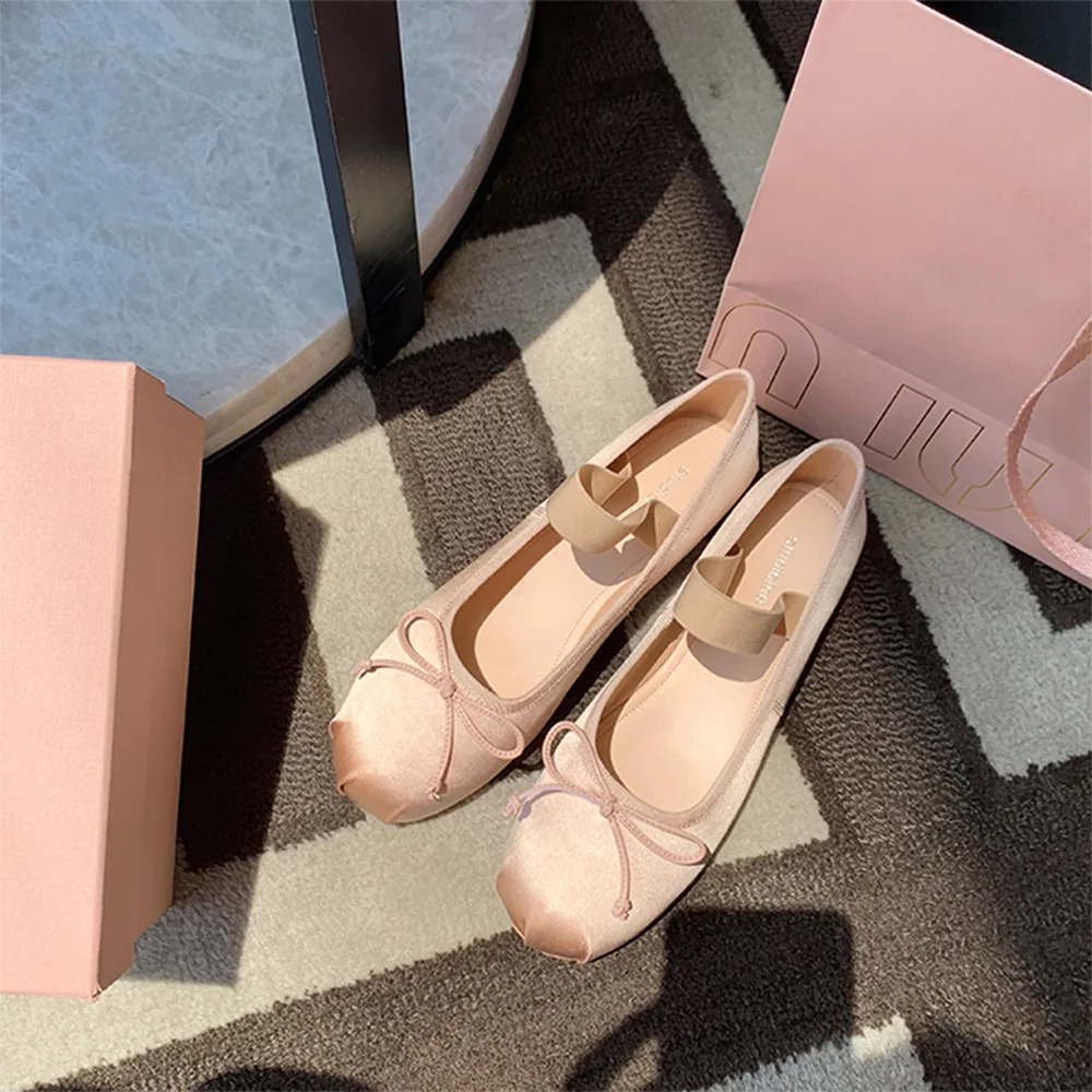 

French Rretro Bow Shoes for Ballet Flats French Ballerina ballet Flats women's soft Satin Silk shallow cross straps Belt Elastic