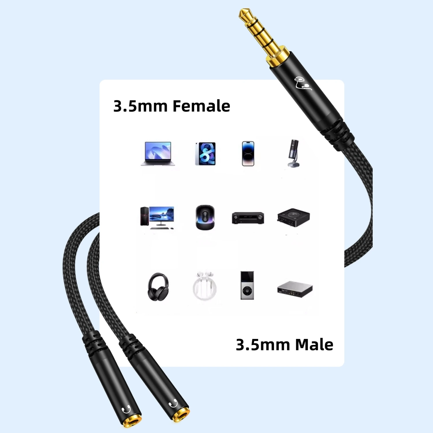 Dual Female 3.5mm Audio Splitter Cable - Y-Cable for Headphones and Speakers
