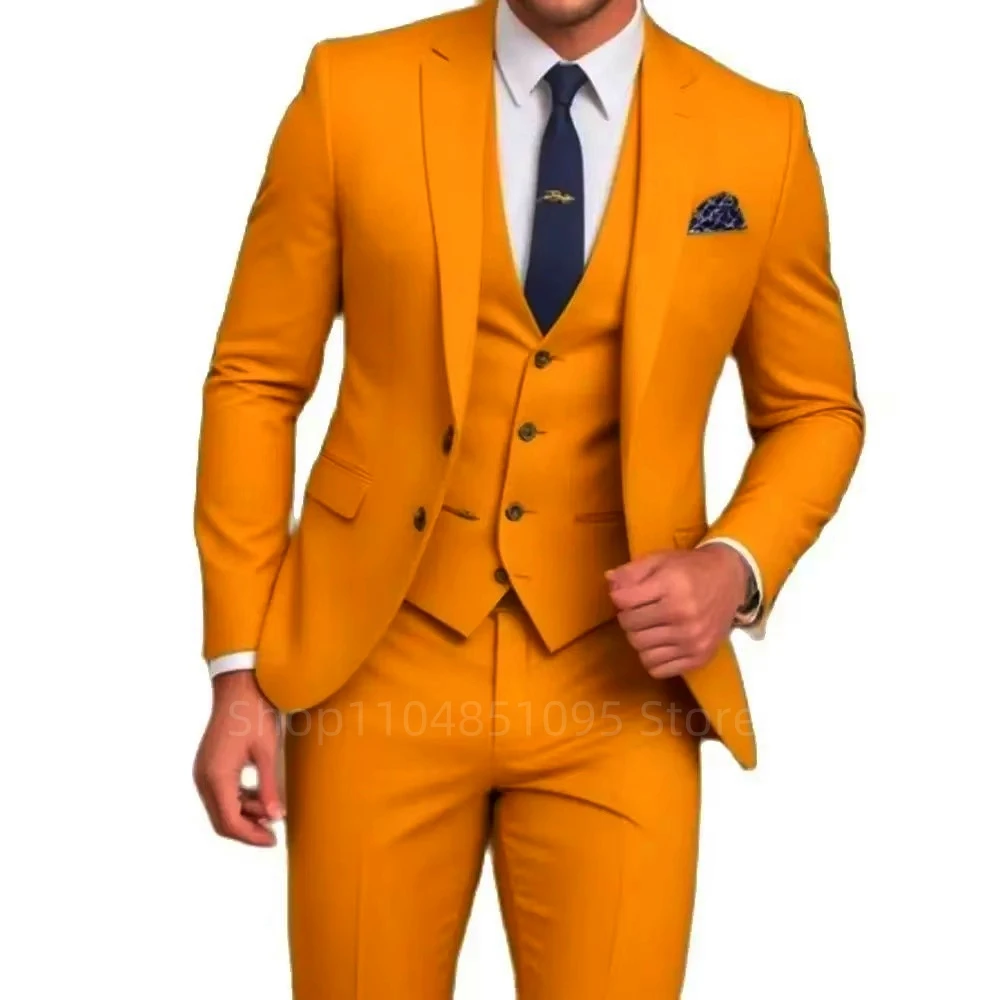 Men's Orange/Yellow Slim Fit 3-Piece Formal Business Suit Set with Peak Lapel Blazer Vest Trousers for Wedding Party Prom