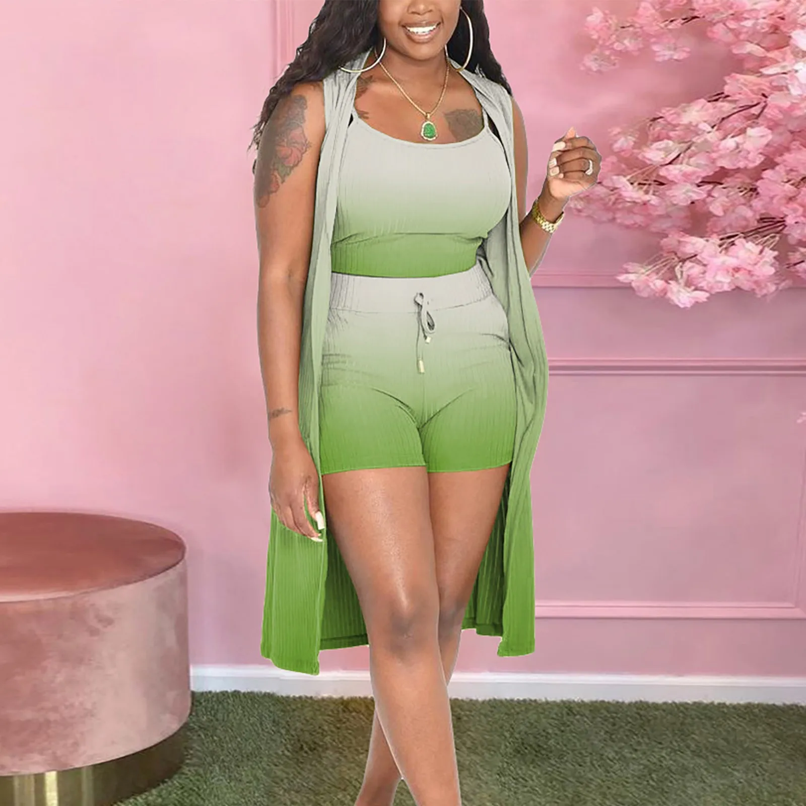 

Женский комплект из 3 предметов, повседневный комплект из Гавайских шорт без рукавов с градиентом Y2k