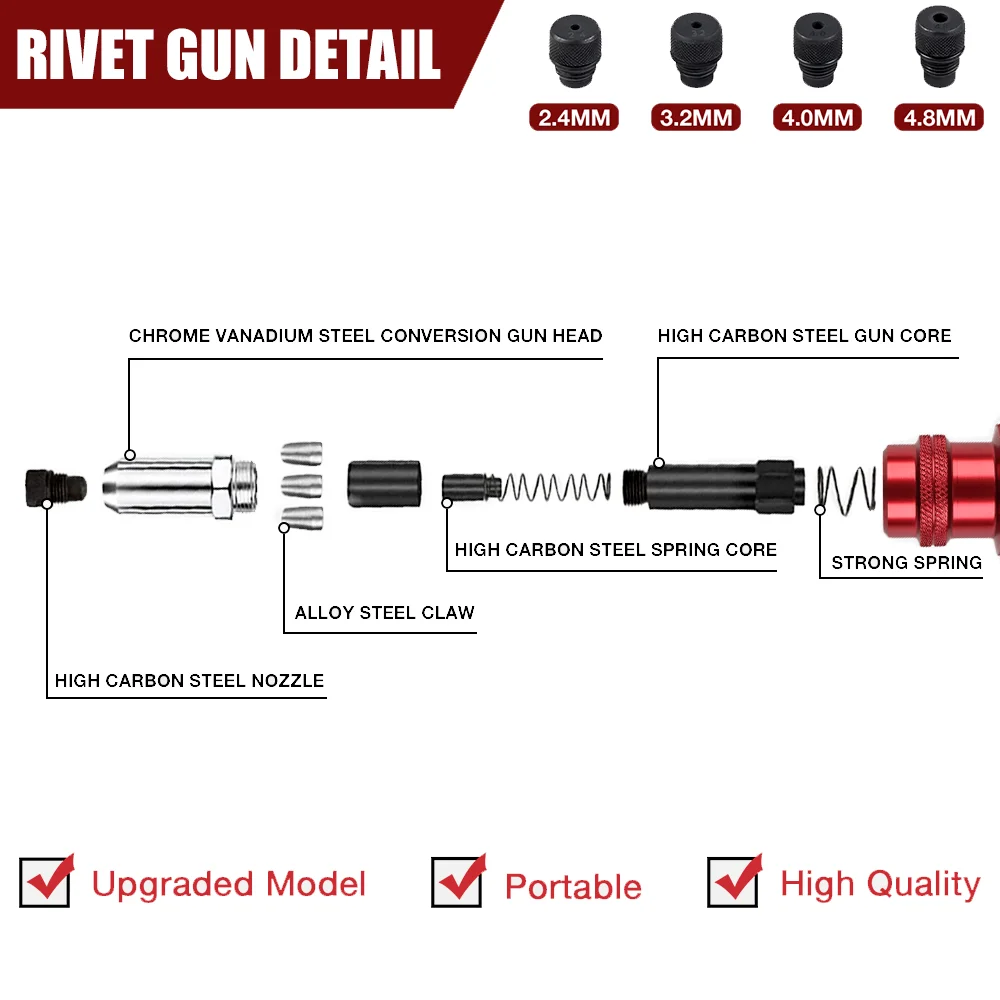 Industrial Grade Electric Rivet Gun Adapter 2.4mm-4.8mm Home Rivet Gun, Cordless Riveting Tool Inserts Rivets For Quick Riveting
