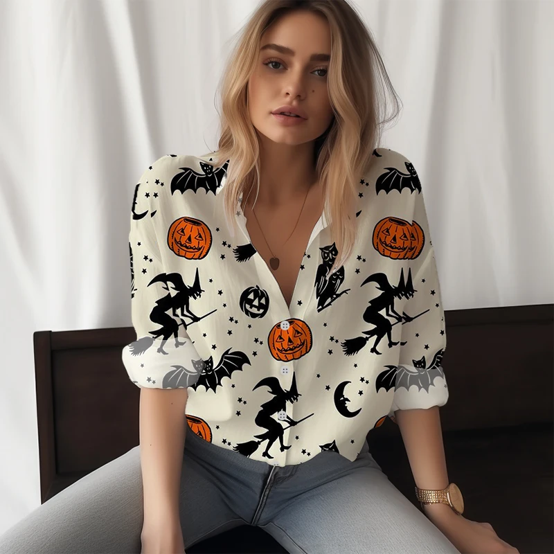 

2023 New Women's Shirt Pumpkin 3D Printed Women's Shirt Halloween Style Women's Shirt Fashion Trend Women's Long-sleeved Shirt