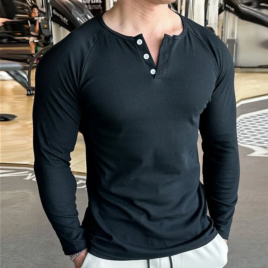 Long Sleeved Henley Neck Men's Fitness T Shirt - Image 3