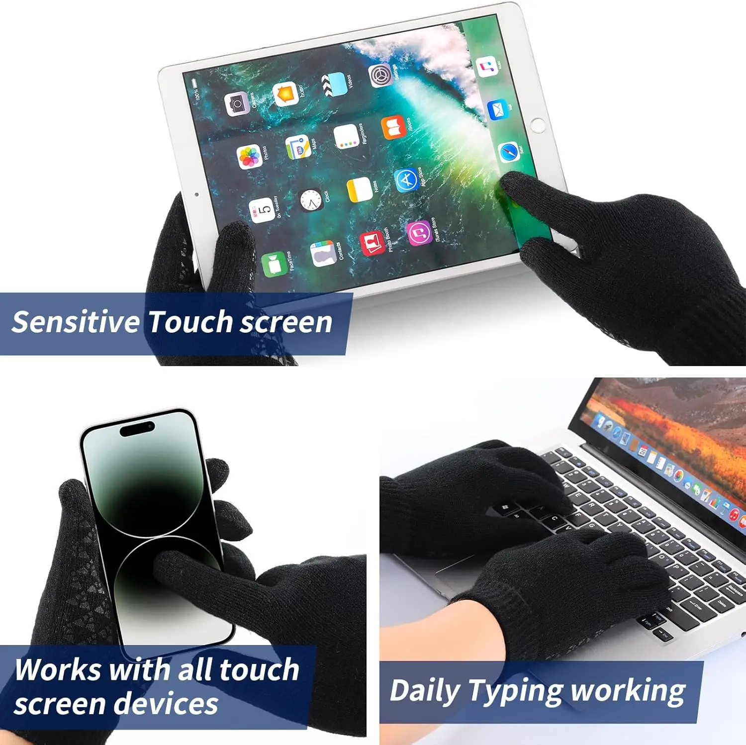 Winter gloves, men's gloves black heated non-slip touch screen with hot soft knit for running, driving and hiking 3