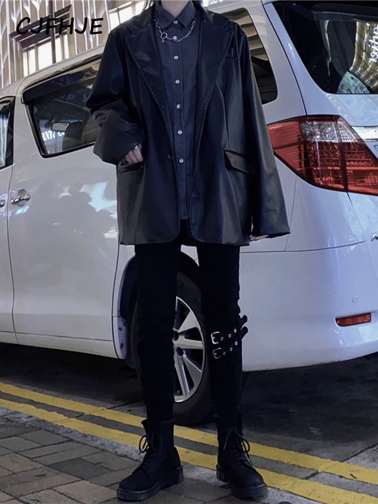 CJFHJE Korean Black Leather Moto Jacket Vintage Warm Female Loose Leather Suit Blazers Streetwear Fashion Women's Winter Coat
