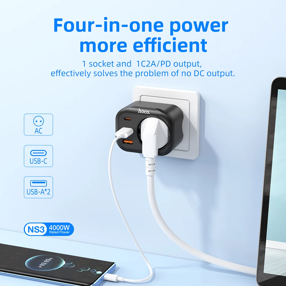 HOCO USB Charger Quick Charge PD Charger 20W USB Type C Fast Charger EU Power Adapter 2USB Ports Multi Socket for iphone 14 plus