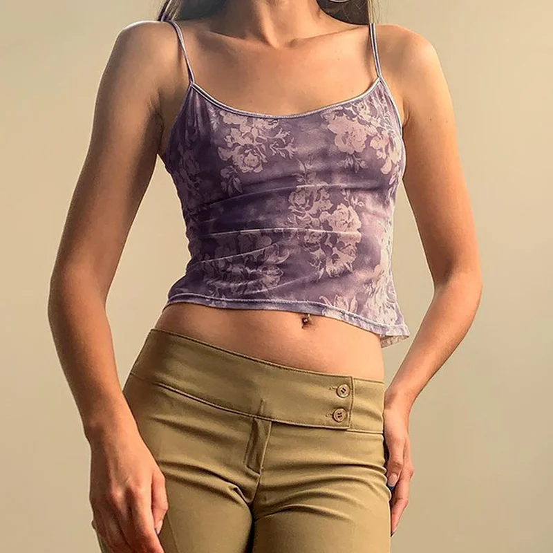

Women's Floral Print Mesh Crop Top, Sexy Spaghetti Strap, Backless Cami, Vintage 90s Sleeveless Streetwear, Y2K Aesthetics,