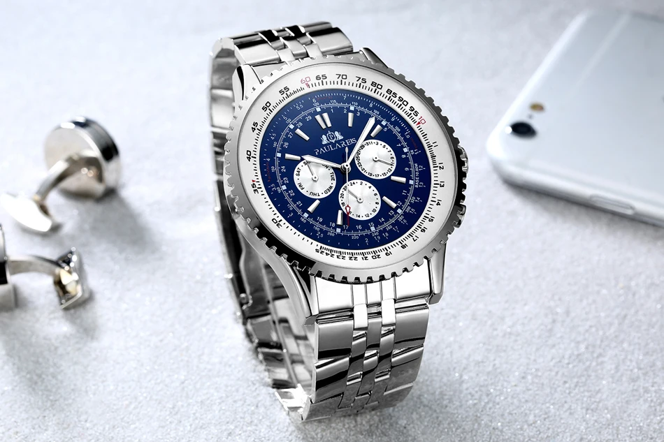 Cinturino meccanico in acciaio inossidabile meccanico a carica automatica sportivo blu nero bianco grande 50 mm classico da uomo di lusso_voghion.com