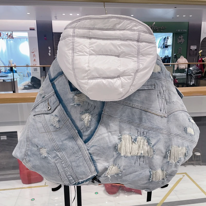 Women Thickened White Duck Down Jacket Trendy Denim Splicing Down Jacket Short Section Hooded Color Collision Parker Jacket Coat