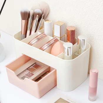 Organizer per trucchi con 1 cassetto, organizer da scrivania, 6 scomparti, scatola per cosmetici per smalto, rossetto, pennelli, gioielli