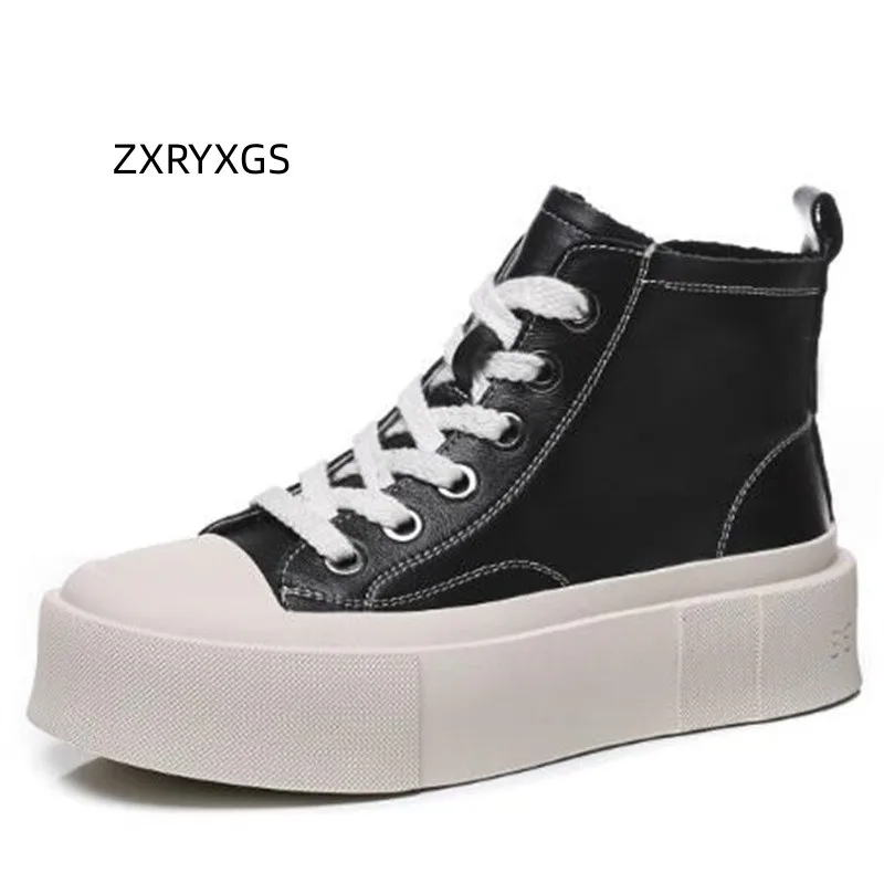 

ZXRYXGS 2023 Cross Strap Genuine Leather Comfortable High Top Women Sneakers Boots Flat Platform Sneakers Casual Increase Shoes