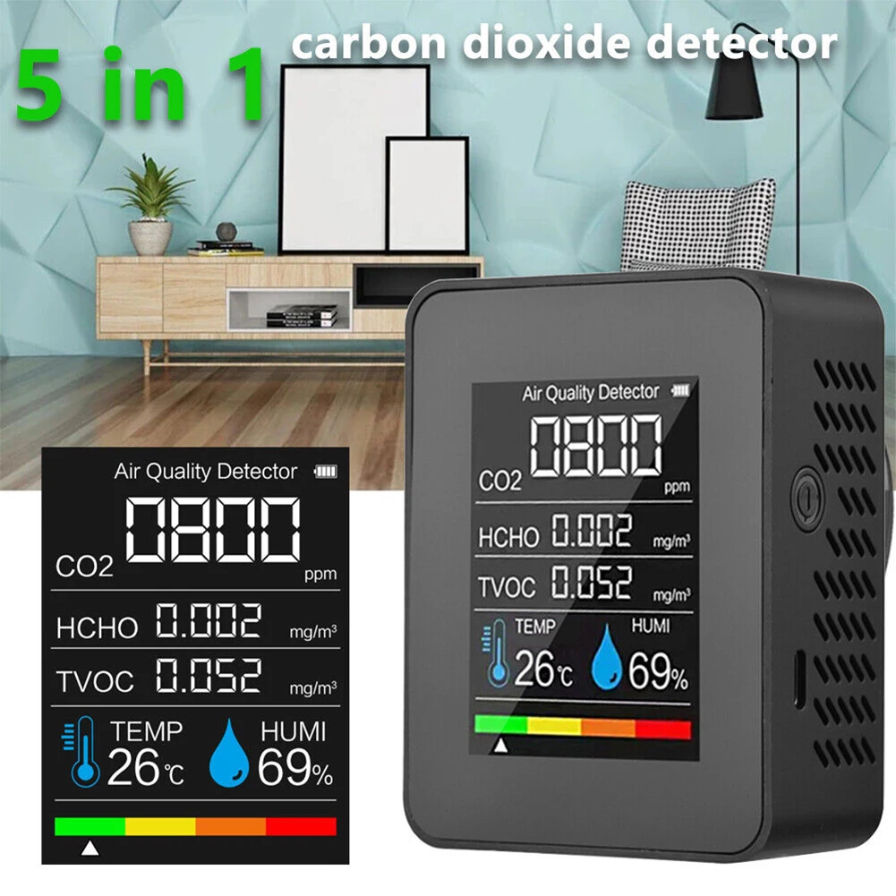 

Монитор качества воздуха с USB-кабелем 5-в-1, детектор CO2, монитор качества воздуха в помещении, CO2 HCHO TVOC AQI для дома, офиса, автомобиля, инструмент P