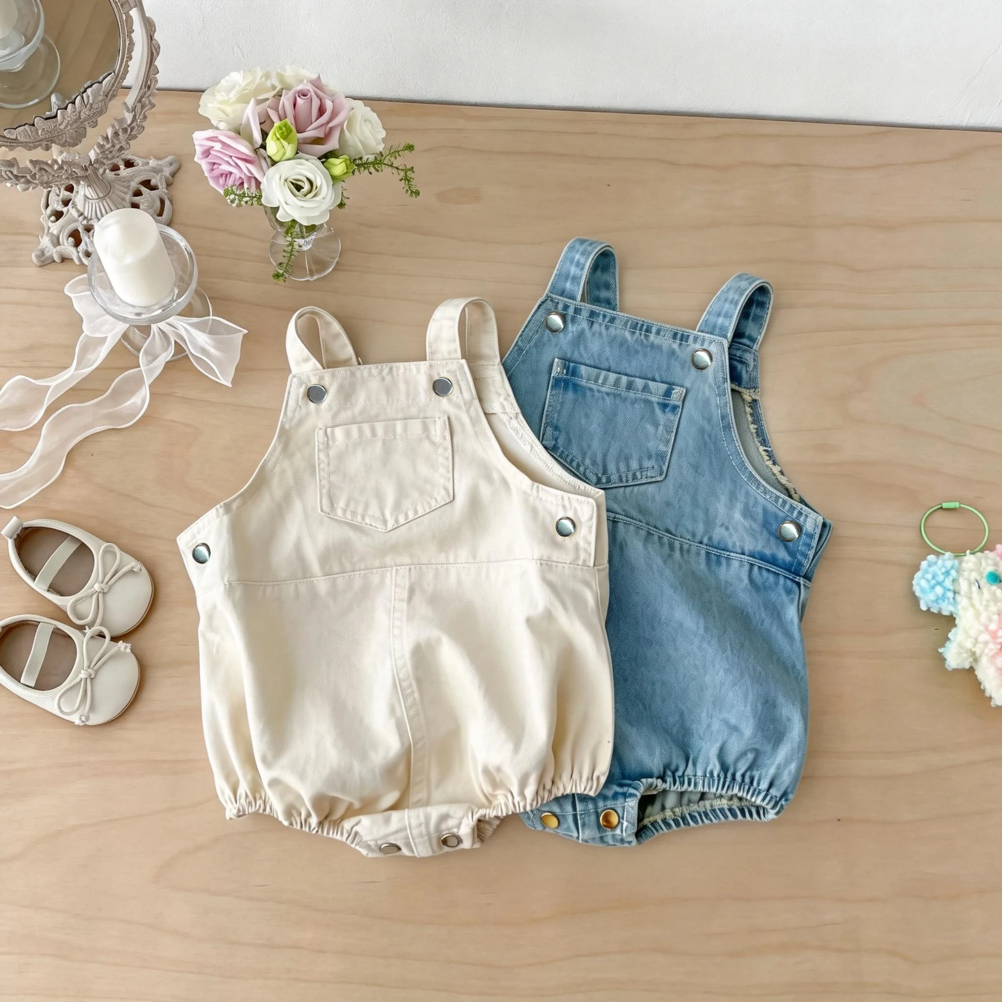 Spring and summer Korean style baby cute pocket denim overalls for boys and