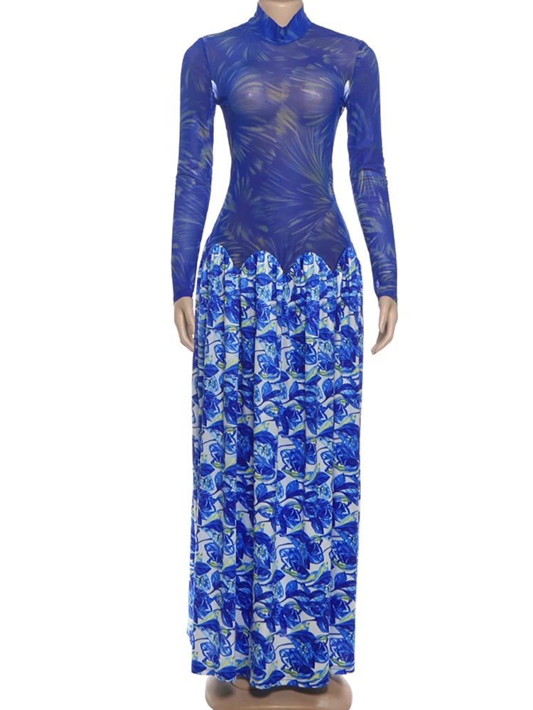 Nibber Colorful Print Maxi Dress Turtleneck Patchwork See Through Full Sleeve Big Hem Elasticity Vacation Art Style Vestidos