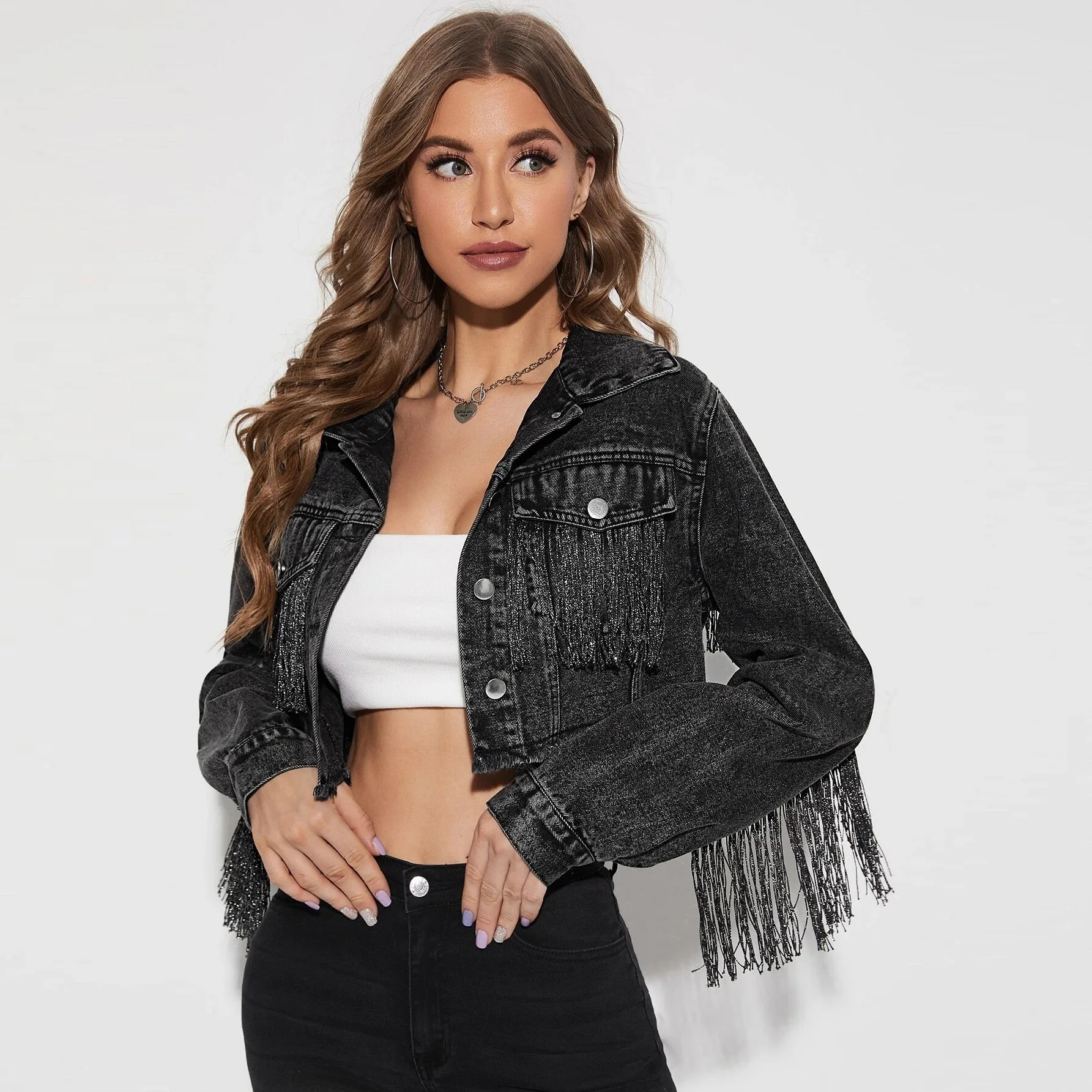 

Fashion Women's Fringe Patchwork Denim Jacket Coat