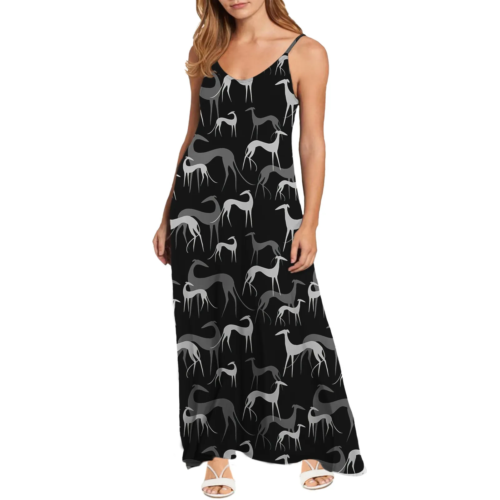 

Noisydesigns Greyhound Dog Prints Dress Women's Ladies Soft Sleeveless V-Collar Suspenders Long Dress Summer Beach Vestidos