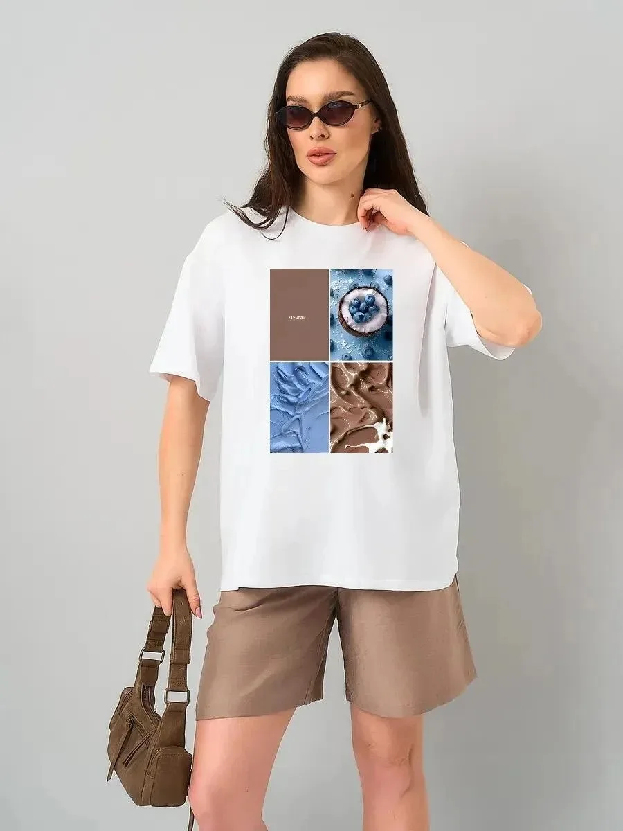 Women's 100% Cotton Short Sleeve T-Shirt 2026 Summer New Niche Print Loose Casual Versatile Elegant Daily Wear Top