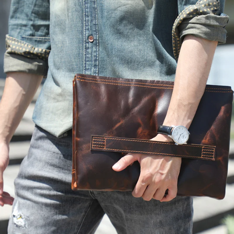 

AETOO Vintage leather men's oil wax envelope envelope head layer cowhide hand bag cowhide men's armpit bag