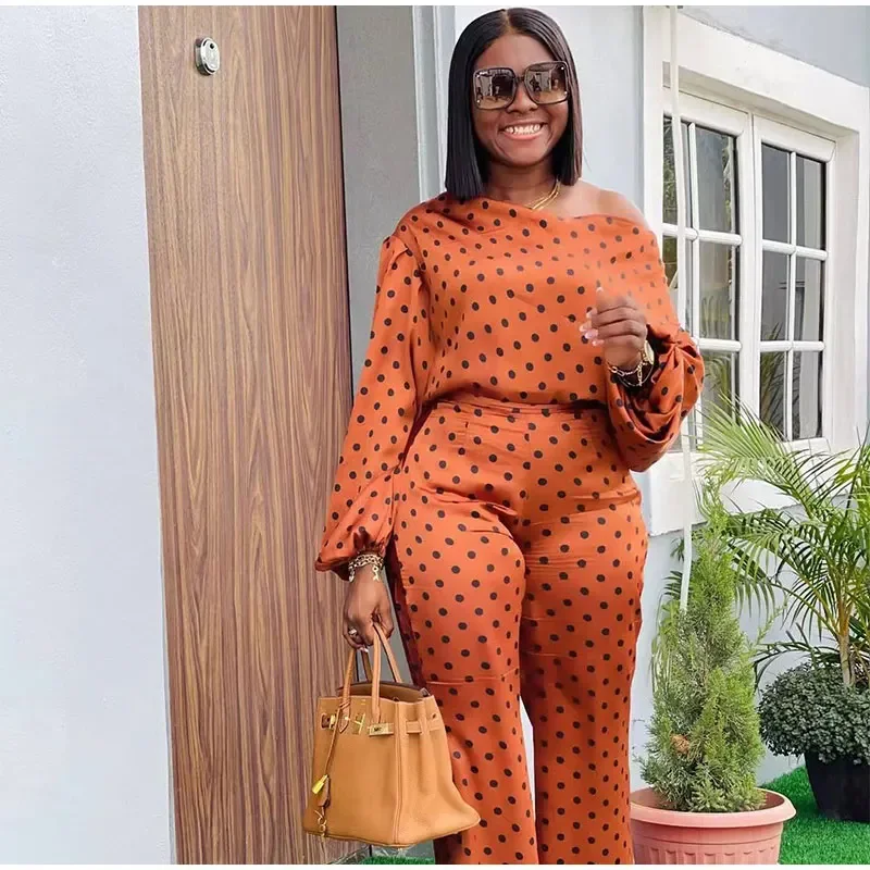 

Dot Printing Suits Women Puff Sleeve Blouse And Wide Leg Pants 2 Piece Set 2023 Spring Vacation O Neck Shirt Outfits