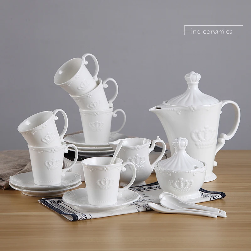 

21pc Set, White Embossed Porcelain Coffee Pot Cup Set, Court Crown Design Court, Palace Nespresso Cup Set, Vintage Tea Party