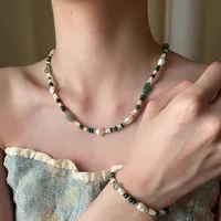 Nouveauté à la mode perle d'eau douce naturelle et pierre de Jade 14K or rempli femme ensemble de bijoux pour femmes collier Bracelet cadeaux 3