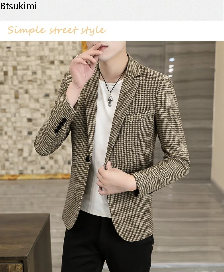New Plaid Slim Blazer Coats Men's Fashion Business Casual Small Suit Classic Korean Single-button Formal Suit Jackets Male